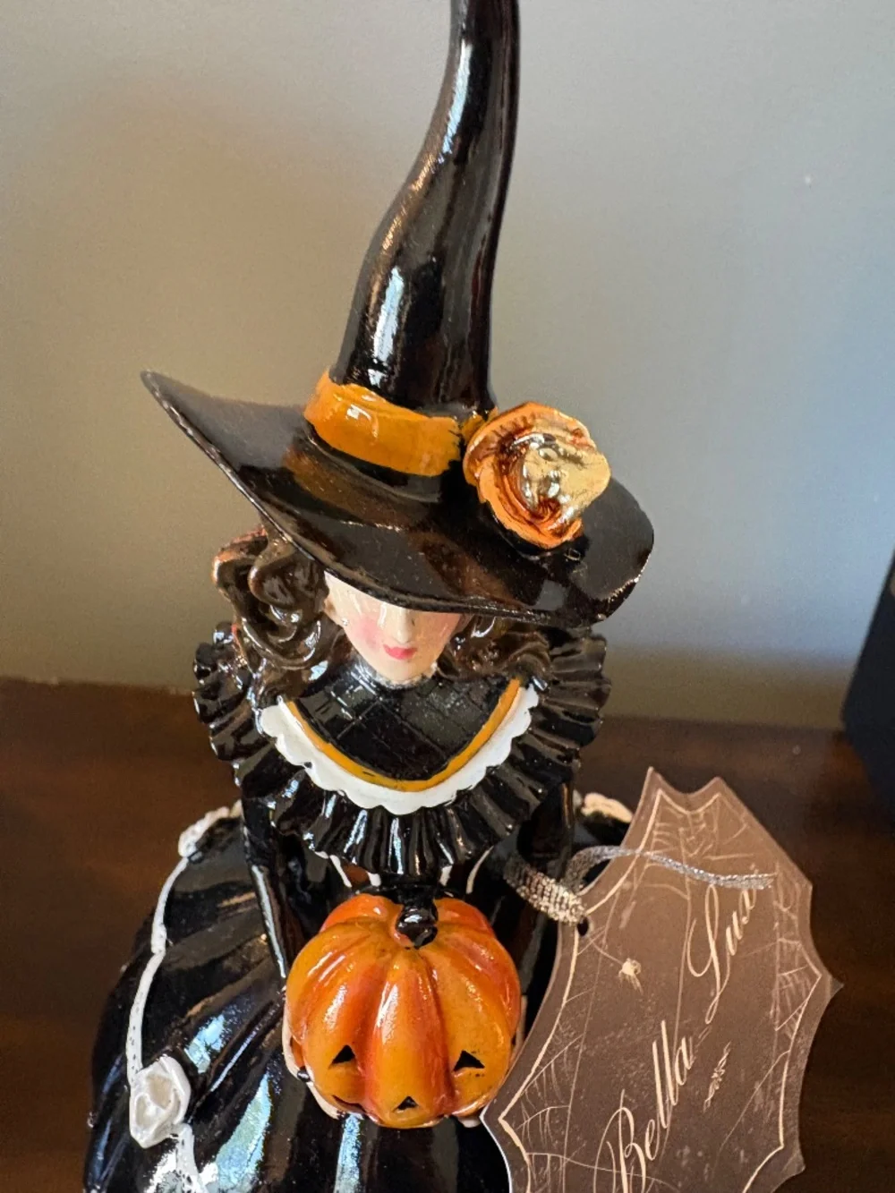 Bella Lux Resin Halloween Round Witch on Gold Pedestal with Pumpkin